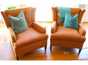 Pair Of Custom Tufted Sisal Fabric Armchairs With Decorative Pillows And Throw Blanket