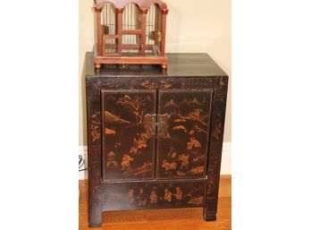 Asian Style Wood Cabinet With Metal And Detailed Finish Includes Wood And Metal Wire Birdcage