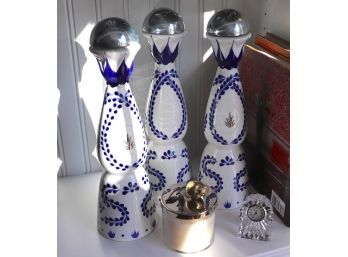 Set Of 3 Decorative Blue & White Clase Azul Bottles With Waterford Crystal Clock And Coffee Table Books