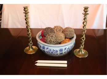 Pair Of Tall Barley Twisted Brass Candlesticks With Blue And White Ceramic Bowl & Decorative Balls