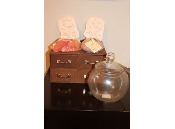 Small 'Holds Everything' Organizer Box With Soap Rocks, Incense Holder, And Glass Jar