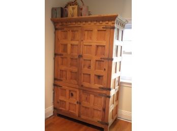 Large Rustic Pine Wood Armoire With Heavy Medieval Style Hinges, Great For Storage