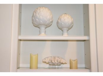 Decorative Lot Includes Large Stylish Artichoke Pieces By Twos Company, Faux Coral & Candles
