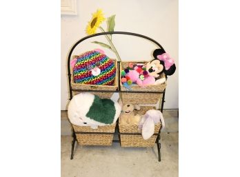 Small Storage Rack With Woven Baskets Includes Stuffed Plush Toys