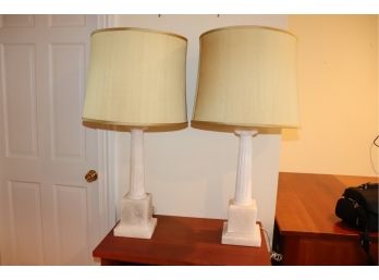 Gorgeous Pair Of Alabaster Column Lamps With Drum Style Shade