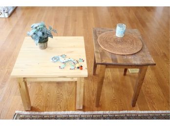 2 Small Wood Side Tables With Decorative Items Including Metal Lizard And Woven Mat