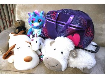 Soft Stuffed Plush Toys Includes Puppy, Unicorn, Sheep, Rainbow Colored Bear & Fun Purple Animal Print Bag