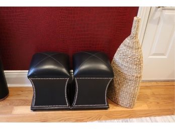 Pair Of Black Leatherette Stools With Studded Detail Along Edges By Global Views With Tall Woven Bottle