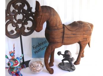 Mixed Lot Includes Carved Wood Horse, Painted Art Piece By Gilberto Ortega Mendez, & Weightlifting Frog
