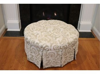 Gorgeous Custom Round Tufted Ottoman With Textured Damask Style Pattern By Kate Singer Home On Legs