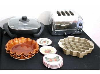 Assorted Kitchenware Lot Includes Dualit 4 Slice Toaster, Oster Electric Frying Pan, William & Sonoma Dishes