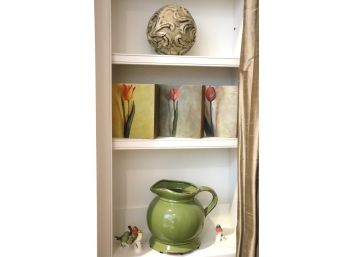 Limited Edition Wood Tulip Box Pieces With Large Ceramic Pitcher Decorative Ball & Bird Figurines