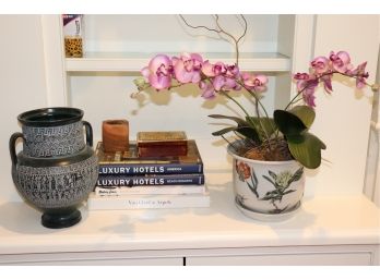 Mixed Lot Includes Grecian Style Urn By Lucas, Faux Orchid Plant, Persian Box & Coffee Table Books