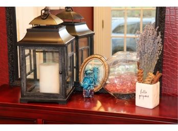 Mixed Lot Includes Decorative Lantern, Glass Vase With Stones And Small Blue Dragon