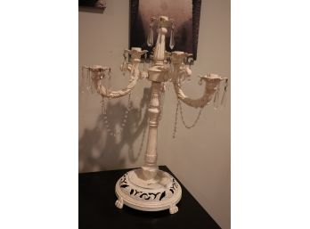 Tall Heavy Metal Candelabra With Distressed Whitewash Finish & Dangling Crystals Can Hold Up To 7 Candles