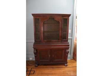 Vintage Carved Wood China Cabinet With Metal Grill Face Great For Display And Storage