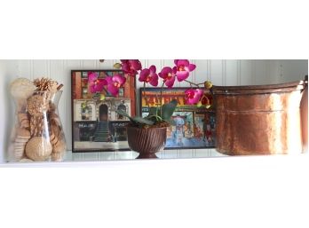 Decorative Lot Includes Copper Bucket, Faux Orchid, Filled Glass Vase, And Pictures