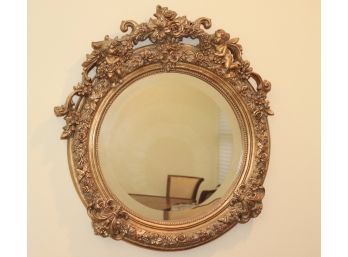 Gilded Floral & Cherub Adorned Round Beveled Wall Mirror
