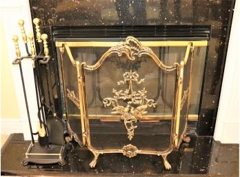 Vintage Quality Brass Fireplace Screen With Intricate Love Bird Detail & Tools