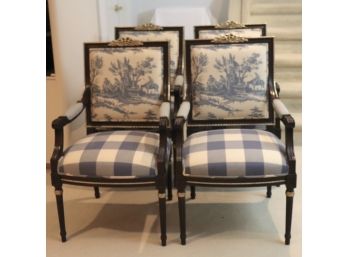 4 Louis XVI Style Upholstered Arm Chairs In BlueCream Toile