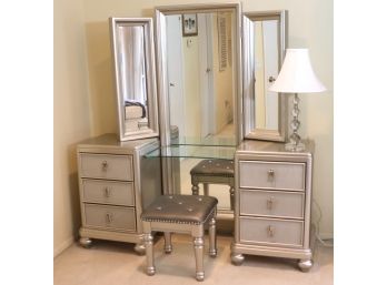 Hollywood Glam Style Silver Vanity Desk With Trifold Mirror