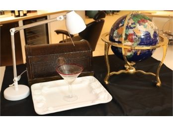 Semi-Precious Articulating Stone Globe In Brass Stand And Assortment Of Table Displays