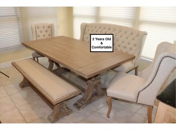 Restoration Hardware Style Natural Grey Wood & Linen Dining Set, 2 Years Old