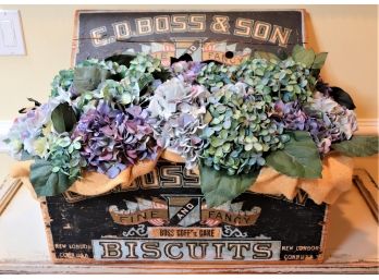 Antique Wood Biscuit Box Filled With Faux Hydrangea