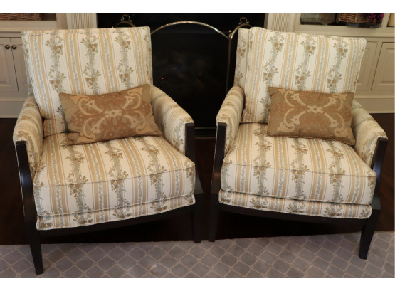 Pair Of Ethan Allen Wood & Patterned Stripe Upholstered Armchairs