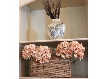 Unique Butterfly Luster Vase & Woven Basket With Faux Hydrangea