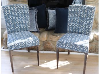 Blue & Cream Upholstered Side Chairs With Blue Throw Pillows