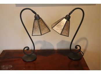 Pair Of Scrolled Metal Lamps With Mica Shades