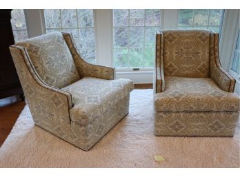 Pair Of Jessica Charles Linen Style Printed Fabric Swivel Armchairs