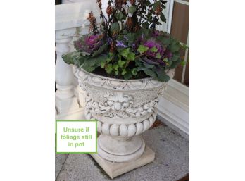 Cement Urn Planter With Lion Heads Holding Garlands Of Fruit