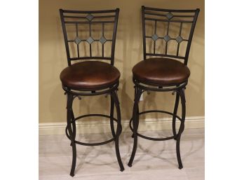 Pair Of Metal & Faux Leather Swivel Bar Height Stools