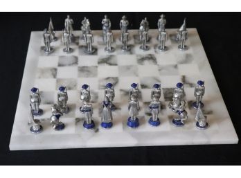 Alabaster Chess Board With Civil War Style Pewter Chess Pieces