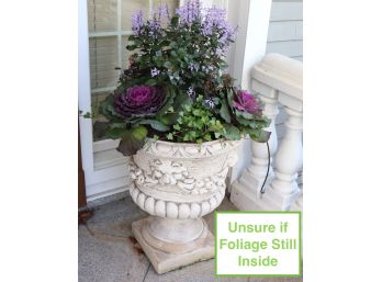 Cement Urn Planter With Lion Heads Holding Garlands Of Fruit