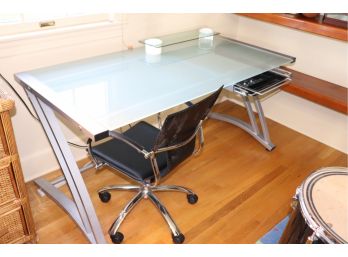 Modern Frosted Glass & Metal Desk With Black Leather Chair On Casters