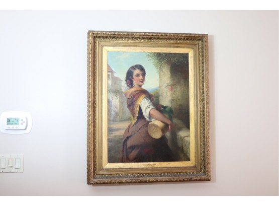 Antique Oil On Canvas Marked Spanish Water Carrier By T Brooks (1818-1891)