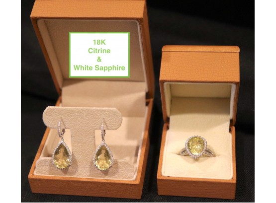 Fine Jewelry - 18KT White Gold Ring & Earrings With Pale Yellow Citrine & White Sapphires