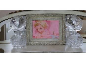 Vintage Oil On Canvas, Signed Folsom & Pair Of Crystal Perfume Bottles With Etched & Cut Surfaces