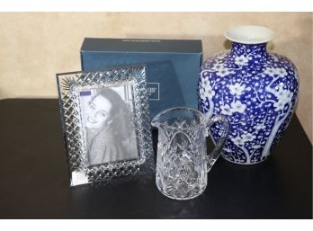Crystal Pitcher & 5x7 Crystal Picture Frame By Waterford Plus Japanese Blue & White Porcelain Vase