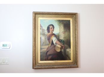 Antique Oil On Canvas Marked Spanish Water Carrier By T Brooks (1818-1891)