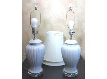 Pair Of Ribbed Porcelain Ginger Jar Lamps With Lucite Finial & Base
