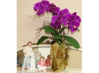 Faux Orchid Filled Gold Finished Vase & Vintage Signed Ceramic Figurines