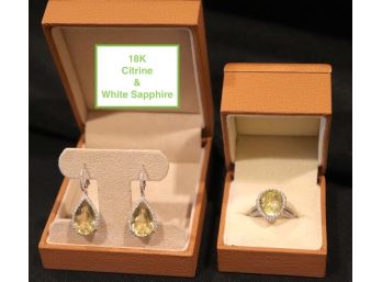 Fine Jewelry - 18KT White Gold Ring & Earrings With Pale Yellow Citrine & White Sapphires