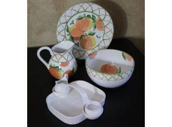 Hand Painted Block Molde Ceramic Serving Pieces & Berry Basket With Sugar & Creamer
