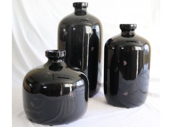 Handcrafted In Italy, Set Of 3 Ethan Allen High Gloss Black Ceramic Vases
