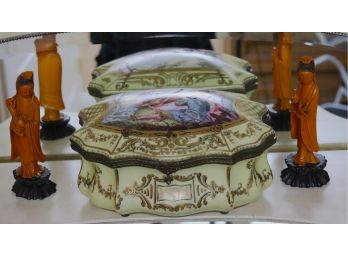 Antique Sevres French Porcelain Trinket Box & Hand Carved Figurines