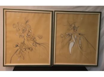 Pair Of Vintage 1940s Hand Drawn Fashion Sketches By Robert Kalloch Famous Fashion Designer